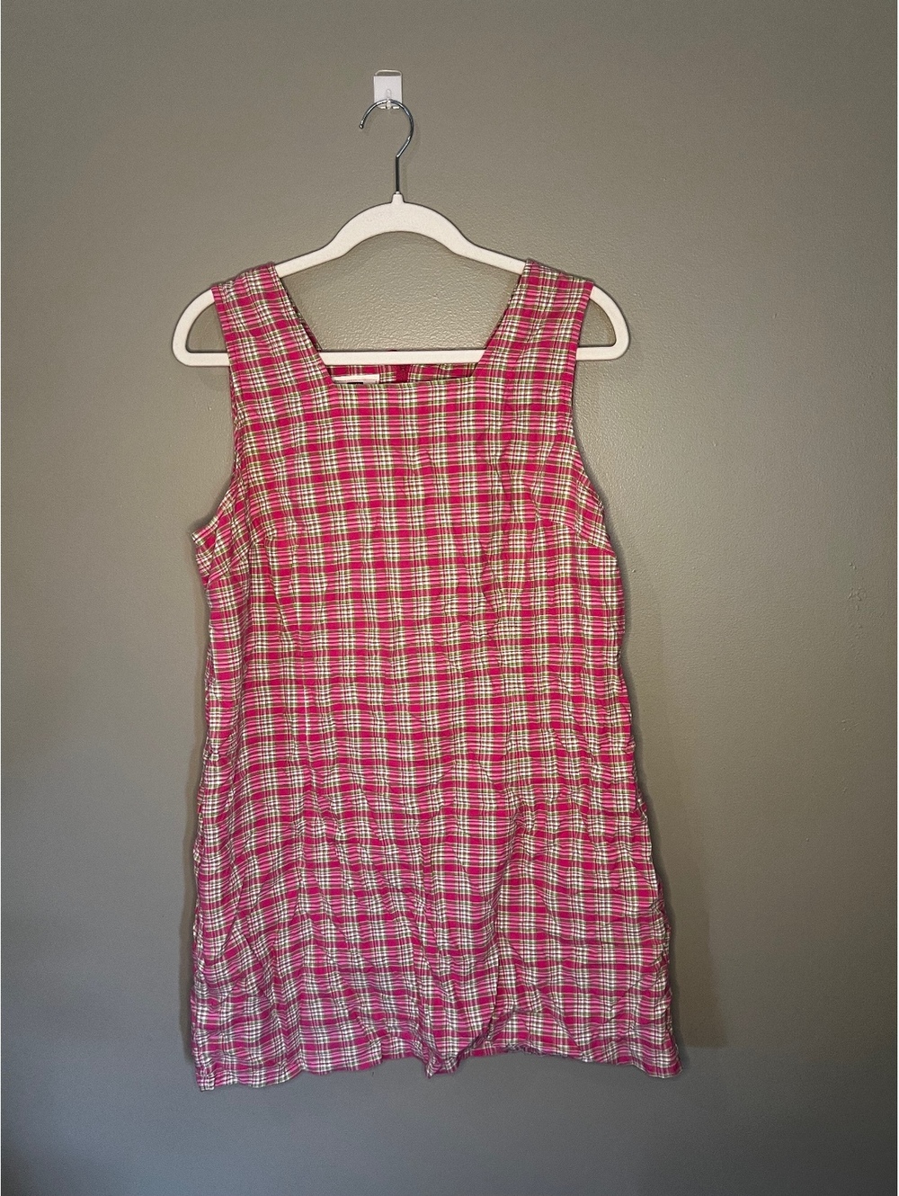 Faded Glory Pink and Green Gingham Plaid Square Neck Vintage Mini Dress